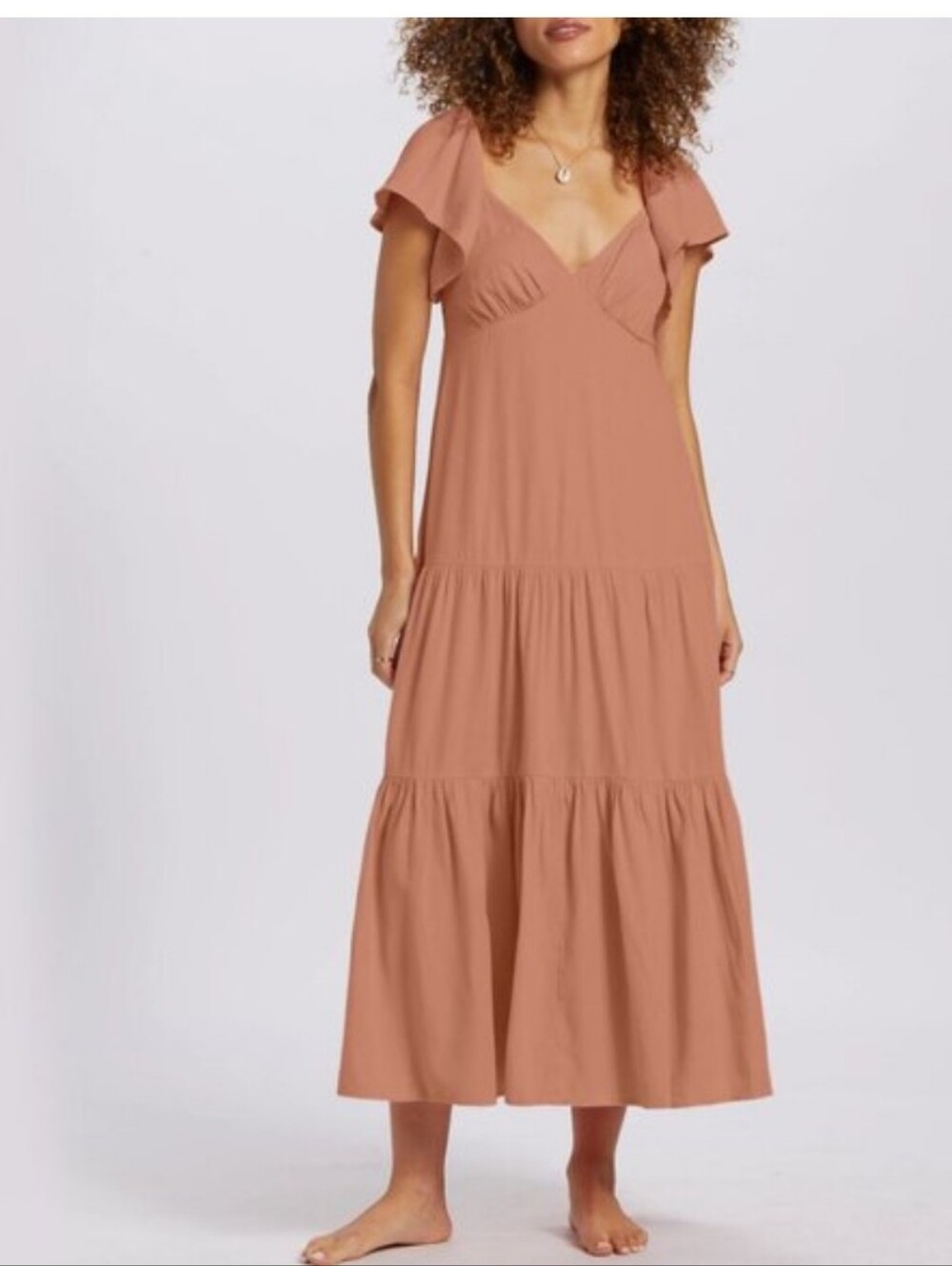 Billabong Last Light Flutter-Sleeve Tiered Peach Boho Maxi Dress Size M